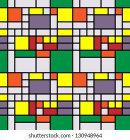 art vintage geometric seamless pattern background in Mondrian style with green, lilac, yellow, orange and red colors