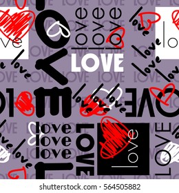 art vintage letter pattern background for Valentine day with word love in lilac, black, white and red colors.