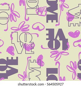 art vintage letter pattern background for Valentine day with word love in beige, lilac and pink colors