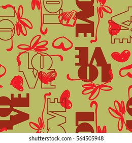 art vintage letter pattern background for Valentine day with word love in olive gold and red colors