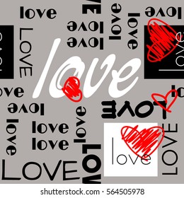 fondo artístico vintage de patrón de letras para el día de San Valentín con amor de palabras en colores grises, negros, blancos y rojos