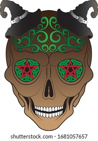 Art Vintage mix Witch Skull. Hand drawing and graphic vector.