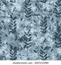 art vintage monochrome blue graphic leaf seamless pattern with grasses and leaves on indigo blue background. Double Exposure effect