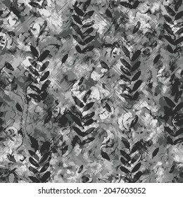 art vintage monochrome silver grey graphic leaf seamless pattern with grasses and leaves on black and grey background. Double Exposure effect