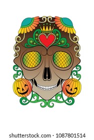 Art Vintage and Pumpkin mix Sugar Skull. Hand painting and make graphic vector.