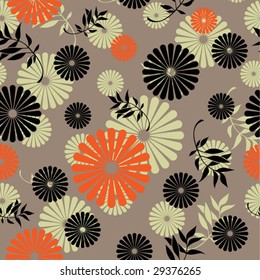 art vintage seamless pattern with stylized floral ornament in black, orange and beige colors
