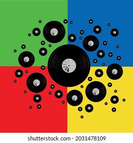 art from vinyl records in a chaotic manner in the style of pop art, musical retro wallpaper, illustration of scattered discs for publishing and printing on the theme of music