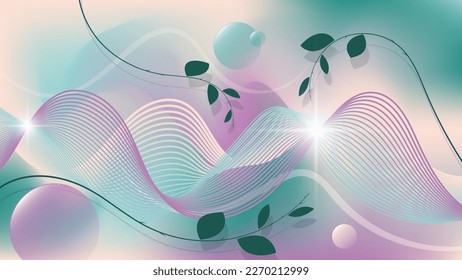 Art wallpaper in gentle colors. Curved branches with leaves, intertwining wavy lines, glare and glow against the background of mixing colors. Vector.