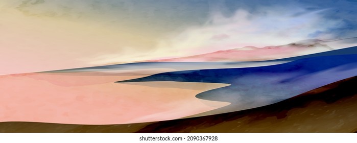 Art watercolor background with mountains and hills on the seashore at sunset or sunrise. Landscape banner in pink and blue tones for design, print, wallpaper