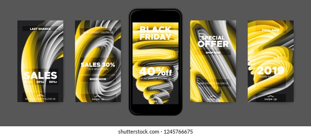 Art Wave Design, Stories Templates Set. 3d Posters with Liquid Shape in Movement. Screen Wallpapers Art Concept. 2019 Sales Promotion in Social Media. Abstract Background with Gradient and Art Fluid.