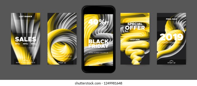 Art Wave Design, Stories Templates Set. 3d Posters with Liquid Shape in Movement. Screen Wallpapers Art Concept. 2019 Sales Promotion in Social Media. Abstract Background with Gradient and Art Fluid.