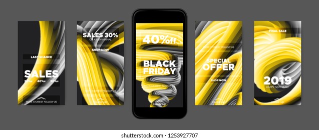 Art Wave Design, Stories Templates Set. 3d Posters with Liquid Shape in Movement. Screen Wallpapers Art Concept. 2019 Sales Promotion in Social Media. Abstract Background with Gradient and Art Fluid.