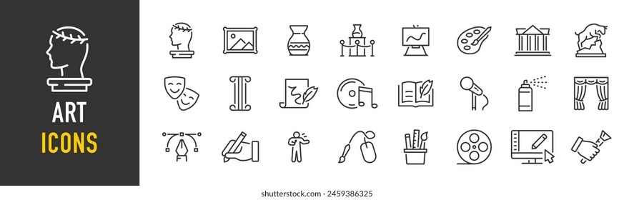 Art web icons in line style. Creative, museums, architecture, artist, sculpture, statue, image, music, collection. Vector illustration.