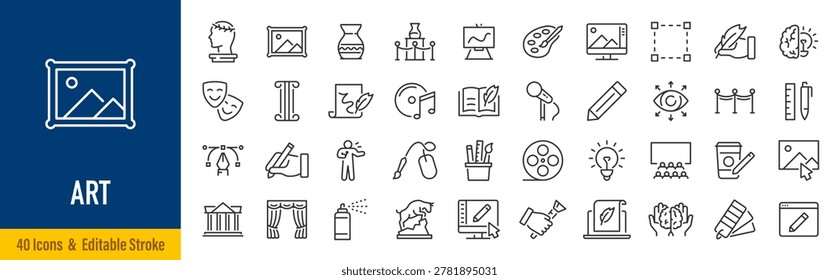 Art web icons in line style. Creative, museums, architecture, artist, sculpture, statue, image, music, collection. Vector illustration.