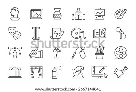 Art web icons in line style. Creative, museums, architecture, artist, sculpture, statue, image, music, collection. Vector illustration.