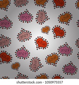 Art for web, print, fabric. Vector. Graphic on white, pink and orange colors. Hand drawn illustration in cartoon style. Seamless pattern love pattern with nice calligraphy text and hearts, doodles.