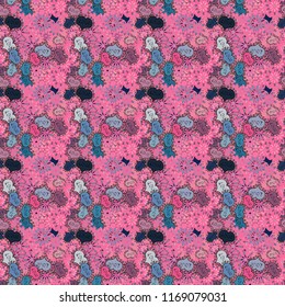 Art for web, print. Hand drawn illustration in cartoon style. Vector. Graphic on pink, blue and neutral colors. Seamless pattern love pattern with nice lettering calligraphy text and hearts, doodles.