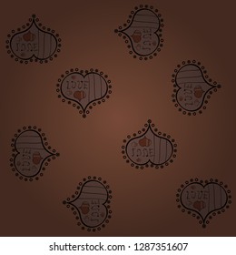 Art for web, textile, fabric. Hand drawn illustration in cartoon style. Graphic on brown, gray, black colors. Vector. Seamless love pattern with cute lettering calligraphy text and hearts, envelopes.