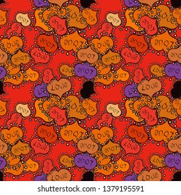 Art for web, textile, fabric. Seamless love pattern with cute lettering calligraphy text and hearts, envelopes. Vector. Graphic on red, black, orange colors. Hand drawn illustration in cartoon style.
