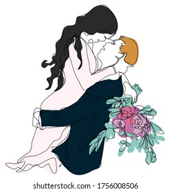 Art wedding card design bride and groom in suit happy couple vector wedding illustration