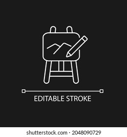 Art white linear icon for dark theme. Painting on drawing easel, pencil. Hands-on creative project. Thin line customizable illustration. Isolated vector contour symbol for night mode. Editable stroke