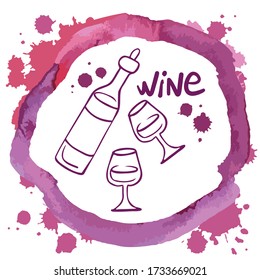 Art wine list template for bar or restaurant menu design. Vector illustration. Watercolor splashes of wine, liquid, drops isolated on white. Drawing for wine designs.