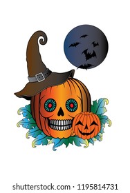 Art Witch Pumpkin Skull Halloween. Hand drawing and make graphic vector.