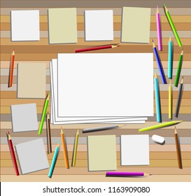 Art wor desk top view have accessories are paper, pencil color, book, rubber, wood illustration design has clipping path.
