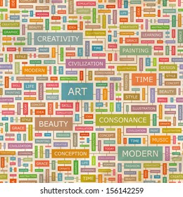 ART. Word cloud concept illustration. Graphic tag collection. Wordcloud collage with related tags and terms. 