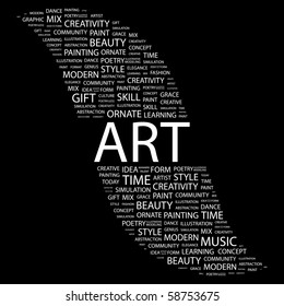 ART. Word collage on black background. Illustration with different association terms.