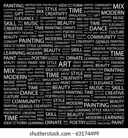 ART. Word collage on black background. Illustration with different association terms.