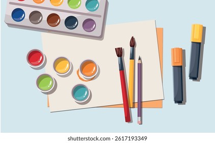 Art work accessories tools supplies set on table. Paint brushes, paintbox watercolors, crayons, pencils. Back to school. Top view