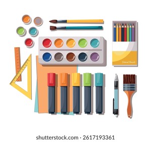 Art work accessories tools supplies set on white background. Paint brushes, paintbox watercolors, crayons, pencils and paper. Back to school.