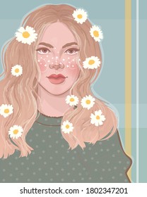 
art work beautiful blonde girl with daisies in her hair with imitation of a pencil stroke
