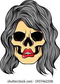 The art work of the coloured women skull with the wavy high volume hair of illustration