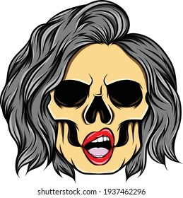 The art work of the girl skull with the hole eyes and flipped under ends hair style of illustration