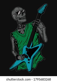 art work illustration and t-shirt design  skeleton guitarist rock star premium vector