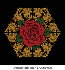 art work illustration and t-shirt design  rose with golden engraving ornament premium vector