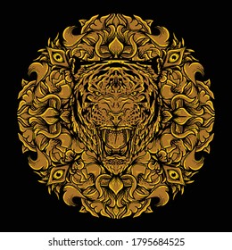 art work illustration and t-shirt design  tiger head with golden engraving ornament premium vector
