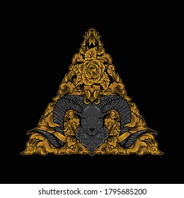 ilustración de obra de arte y diseño de camisetas cabeza de cabra con adorno de adorno dorado vector premium