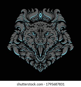 art work illustration and t-shirt design  wolf  head engraving ornament premium vector