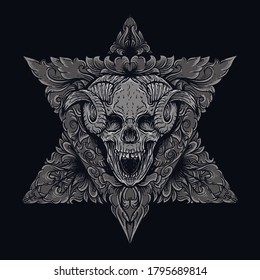 art work illustration and t-shirt design  devil skull with double triangle engraving ornament premium vector