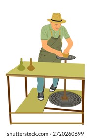 Trabajo de arte hombre escultor hecho a mano cerámica tradicional manera Ilustración vectorial aislada. Rueda de cerámica giratoria a pie manos de ceramista esculpen platos de arcilla. Creatividad hecha a mano fabrica cerámica alfarera.