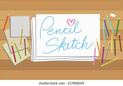Art working desk top view have accessories are paper, pencil color, book, rubber, wood illustration design.