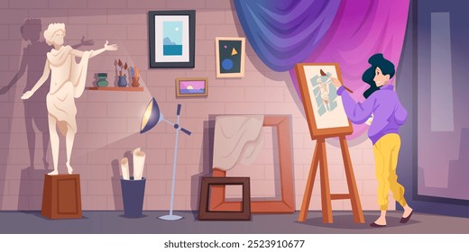 Art workshop. Artists drawing paints on easel exact vector creative persons cartoon background