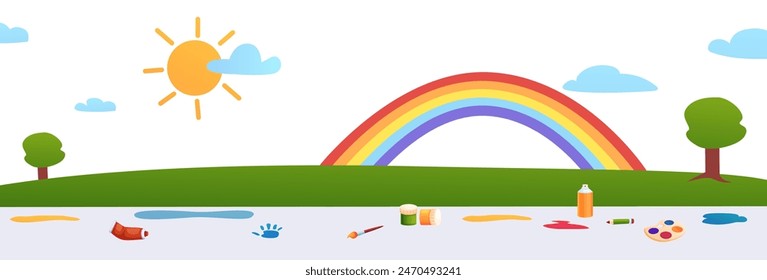 Art workshop banner with sunny nature landscape. Sun tree rainbow and clouds. Paints and brushes, paint drops tubes handprint, vector childish background