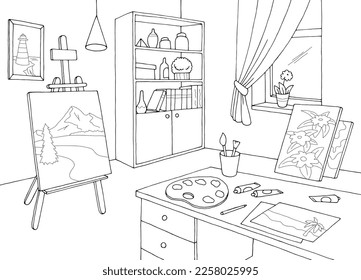 Art workshop graphic black white interior sketch illustration vector 