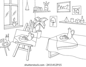 Art workshop graphic black white interior sketch illustration vector 