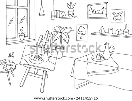 Art workshop graphic black white interior sketch illustration vector 