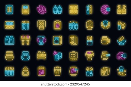 Los iconos del taller de arte establecen el vector de contorno. Herramientas escolares. Color de neón de bebé en aula sobre negro